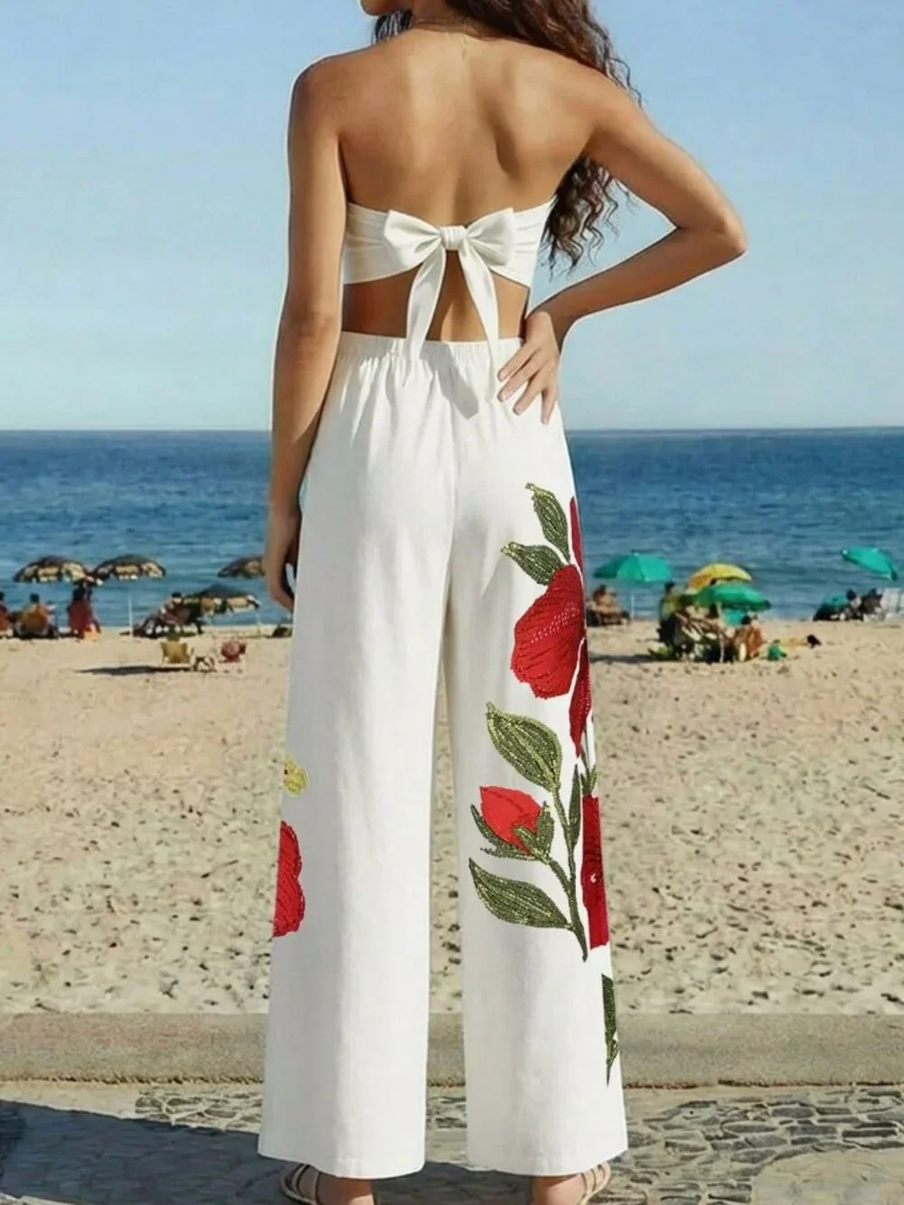 Boho Women's Floral  Tie Front Hollow Outw waist Bandeau Wide Leg Jumpsuit